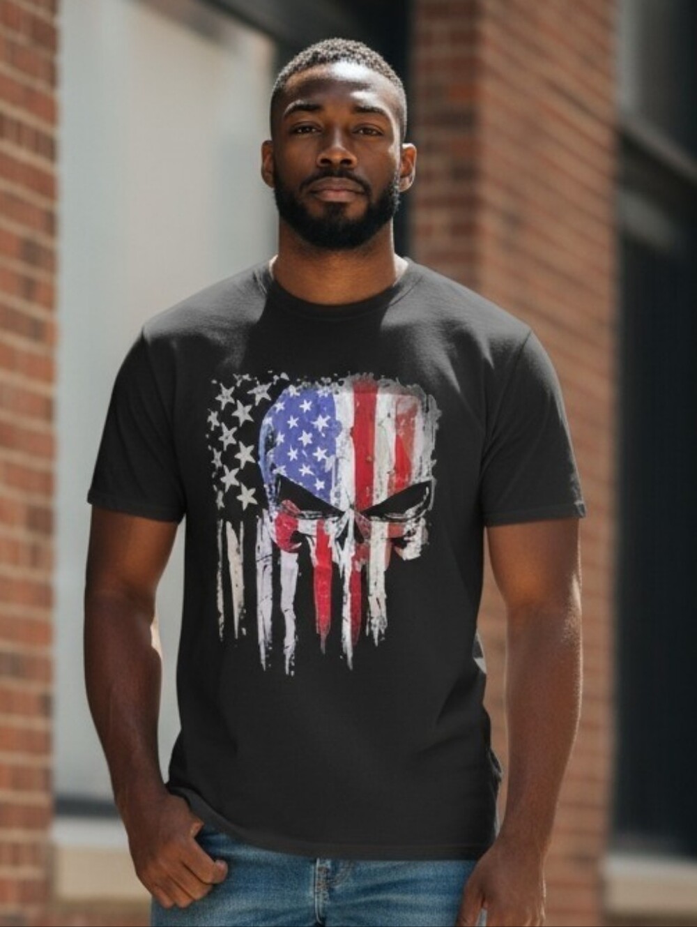 Halo Short-Sleeve Black Tee with Red, White & Blue Flag Skull Graphic
